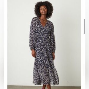 Velvet by Graham & Spencer Sheer Navy Blue and White Patterned Dress